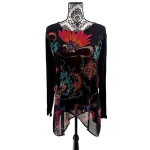 Chico’s Black Floral Asymmetrical Tulip Hem Tunic Top, 3 XL Long Sleeve Boho